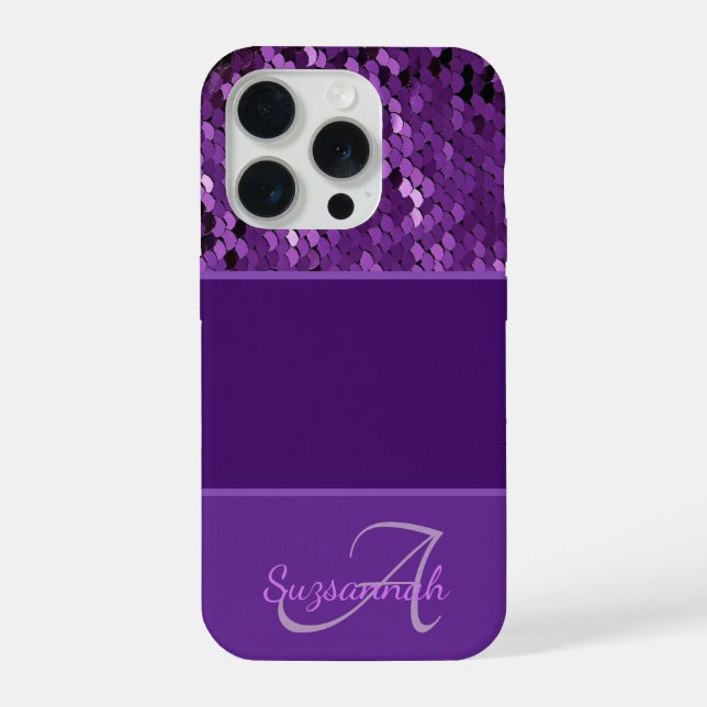 Personalized Monogram Name Purple Sequins Stripes Iphone Case (Back)