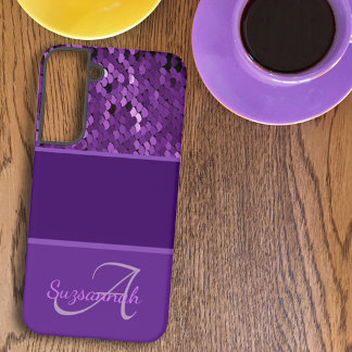 Personalized Monogram Name Purple Sequins Stripes Samsung Galaxy S22+ Case