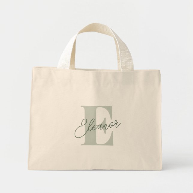 Personalized Monogram Name Sage Green Script Mini Tote Bag (Front)