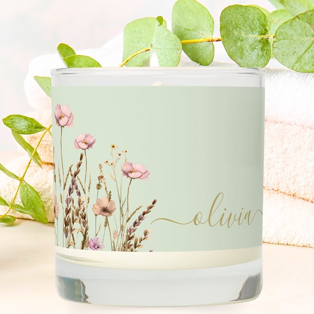 Personalized Monogram Name Sage Green Wildflower Scented Candle (Creator Uploaded)