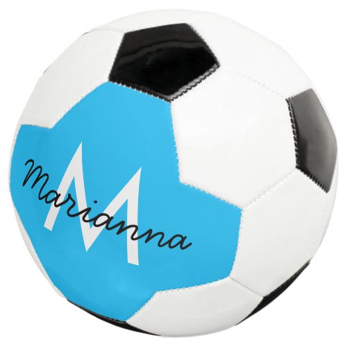 Personalized Monogram Name Sporty Neon Cyan Blue Soccer Ball