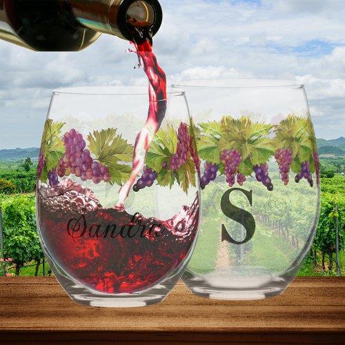 Personalized Monogram name  Watercolor Grapes  Stemless Wine Glass