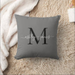 Personalized Monogram Names Wedding Throw Pillow<br><div class="desc">Chic monogrammed keepsake pillow with your names and monogram in white elegant handwritten script calligraphy and black modern typography on a dark gray background. Simply add your names and monogram. Exclusively designed for you by Happy Dolphin Studio. If you need any help or matching products, please contact us via our...</div>