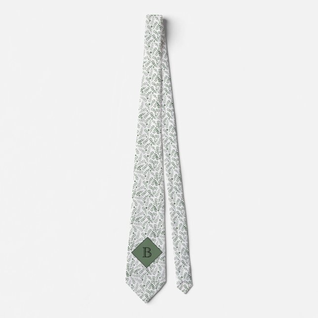 Personalized Monogram Nature Fern Leaf Pattern Neck Tie (Front)