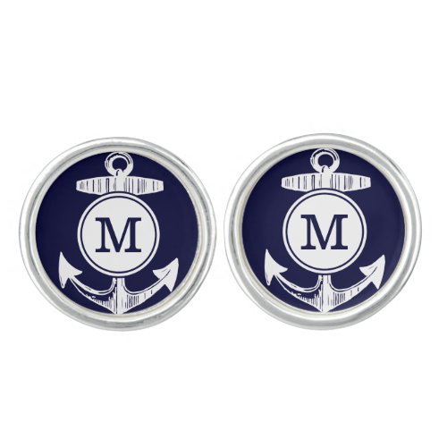 Personalized Monogram Nautical Navy Anchor Pattern Cufflinks