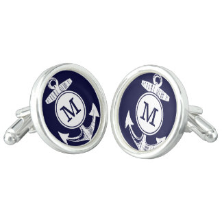 Personalized Monogram Nautical Navy Anchor Pattern Cufflinks
