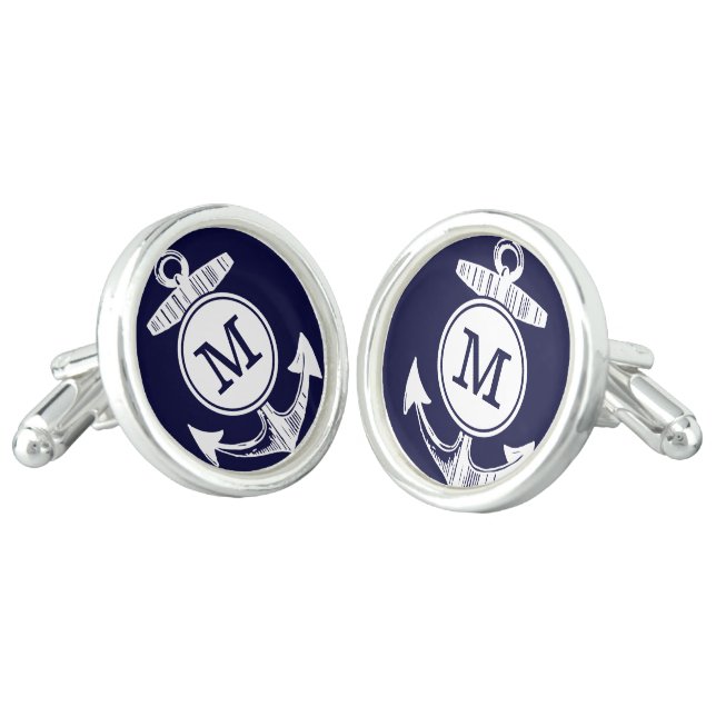 Personalized Monogram Nautical Navy Anchor Pattern Cufflinks (Angled)