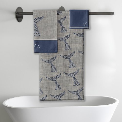 Personalized Monogram Nautical Whale Tail Line Art Bath Towel Set