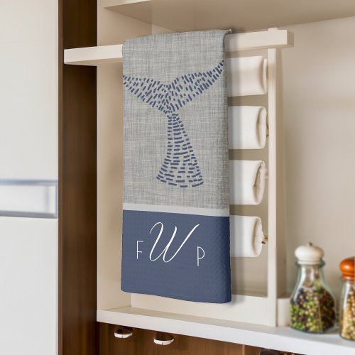 Personalized Monogram Nautical Whale Tail Line Art Kitchen Towel