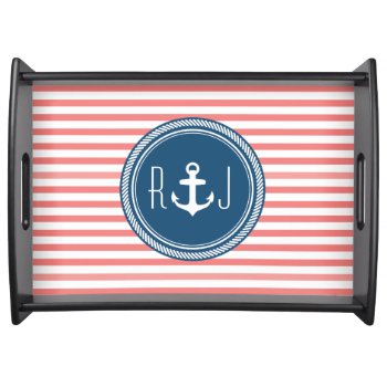 Personalized Monogram Navy And Coral Nautical Serving Tray by thepixelprojekt at Zazzle