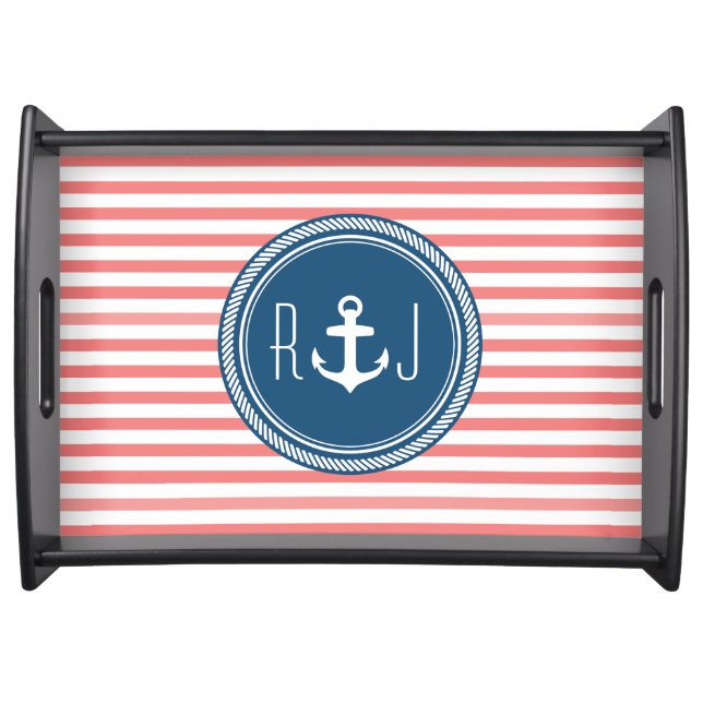 Personalized Monogram Navy and Coral Nautical Serving Tray (Front)