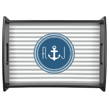 Personalized Monogram Navy And Gray Nautical Serving Tray by thepixelprojekt at Zazzle