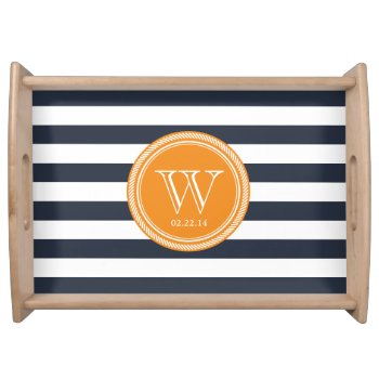 Personalized Monogram Navy And Orange Striped Serving Tray by thepixelprojekt at Zazzle