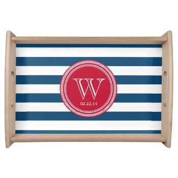 Personalized Monogram Navy And Red Striped Serving Tray by thepixelprojekt at Zazzle