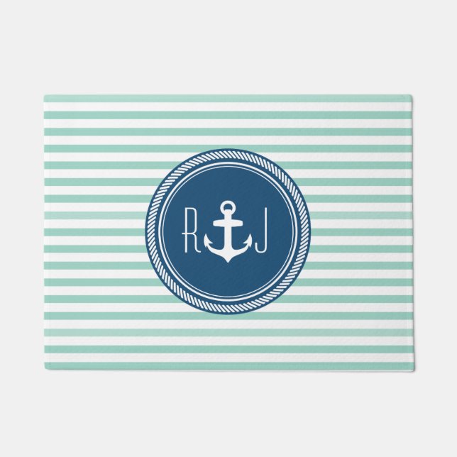 Personalized Monogram Navy and Seafoam Nautical Doormat (Front)