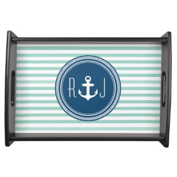 Personalized Monogram Navy And Seafoam Nautical Serving Tray by thepixelprojekt at Zazzle