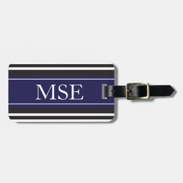 Personalized Monogram Navy Black Stripes Pattern Luggage Tag (Front Horizontal)