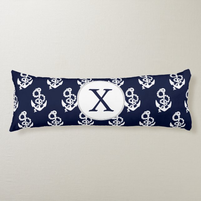 Personalized Monogram Navy Blue Anchor Nautical Body Pillow (Front)