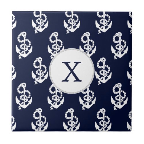 Personalized Monogram Navy Blue Anchor Nautical Ceramic Tile