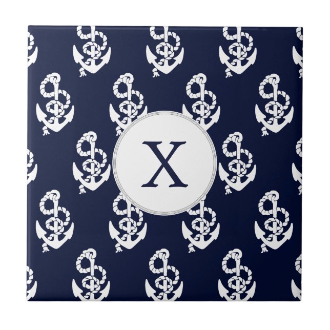 Personalized Monogram Navy Blue Anchor Nautical Ceramic Tile (Front)