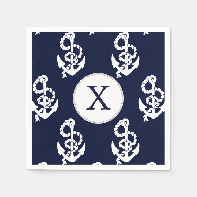 Personalized Monogram Navy Blue Anchor Nautical Paper Napkins (Front)