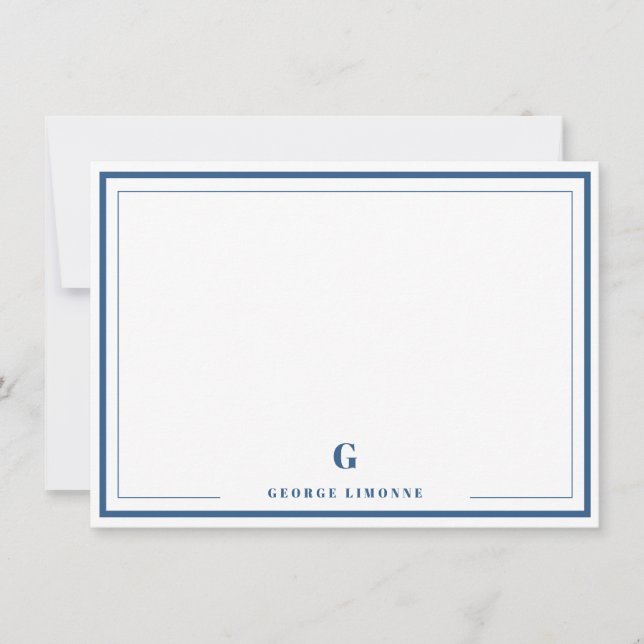 Personalized Monogram Navy Blue Border Stationery  Note Card (Front)