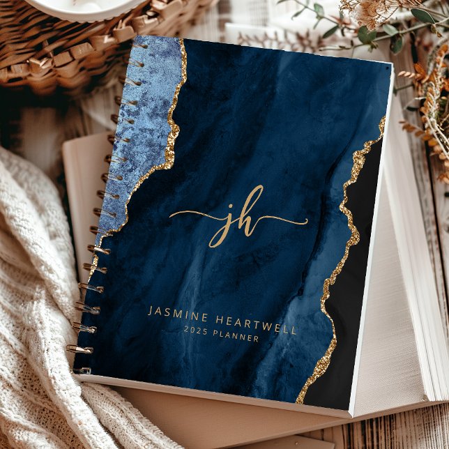 Personalized Monogram Navy Blue Gold Agate 2025 Planner (Creator Uploaded)