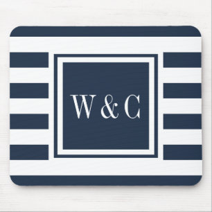 Personalized Monogram Navy Blue White Stripe Mouse Pad