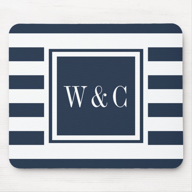 Personalized Monogram Navy Blue White Stripe Mouse Pad (Front)
