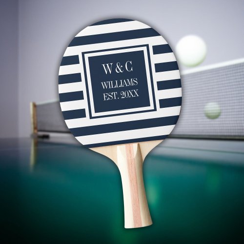 Personalized Monogram Navy Blue White Stripe Ping Pong Paddle