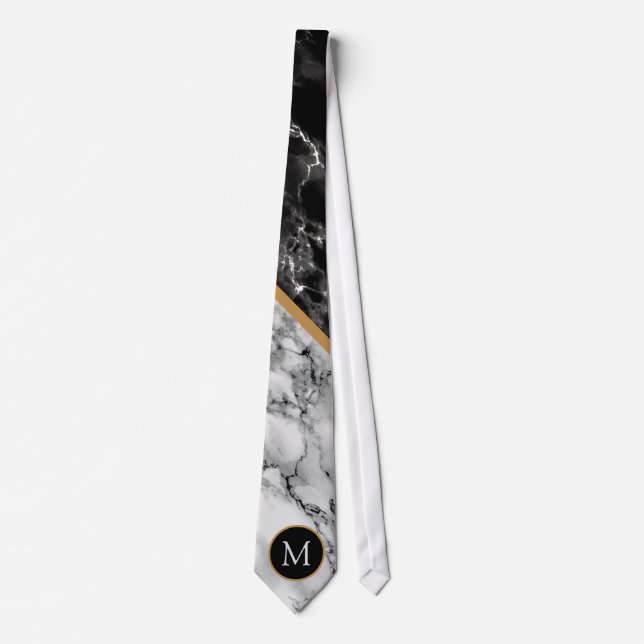 Personalized Monogram Neck Tie Black White Marble (Front)