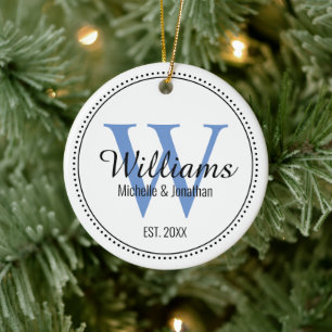 Personalized Monogram Newlywed Blue Ceramic Ornament