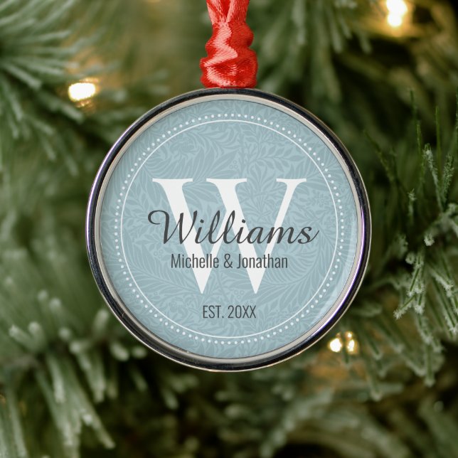 Personalized Monogram Newlywed Blue Floral Metal Ornament (Tree)
