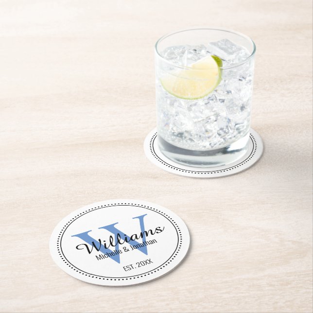 Personalized Monogram Newlywed Blue Round Paper Coaster (Insitu)