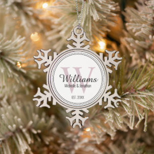 Personalized Monogram Newlywed Blush Pink Snowflake Pewter Christmas Ornament