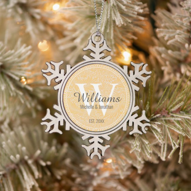 Personalized Monogram Newlywed Gold Floral Snowflake Pewter Christmas Ornament (Tree)