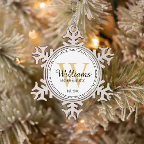 Personalized Monogram Newlywed Gold Milgrain Snowflake Pewter Christmas Ornament