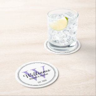 Personalized Monogram Newlywed Lavender Round Paper Coaster