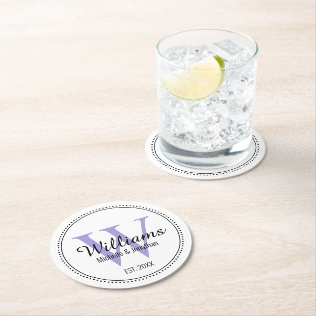 Personalized Monogram Newlywed Lavender Round Paper Coaster (Insitu)