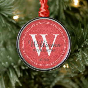Personalized Monogram Newlywed Red Floral Metal Ornament