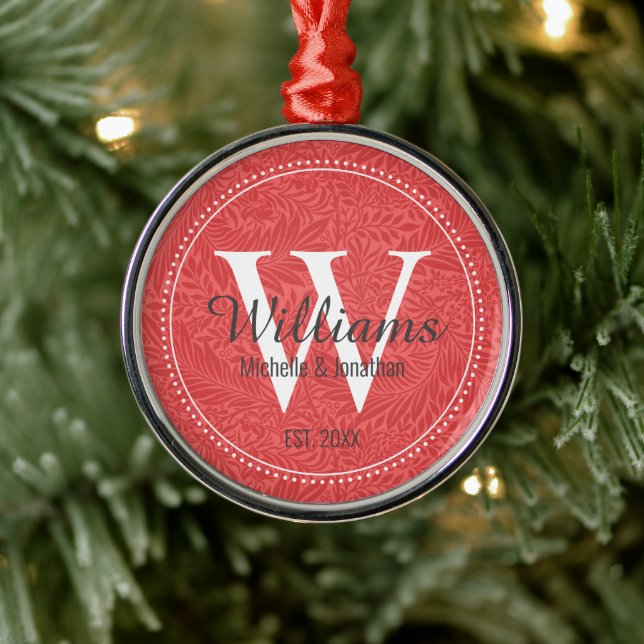 Personalized Monogram Newlywed Red Floral Metal Ornament (Tree)