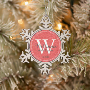 Personalized Monogram Newlywed Red Floral Snowflake Pewter Christmas Ornament