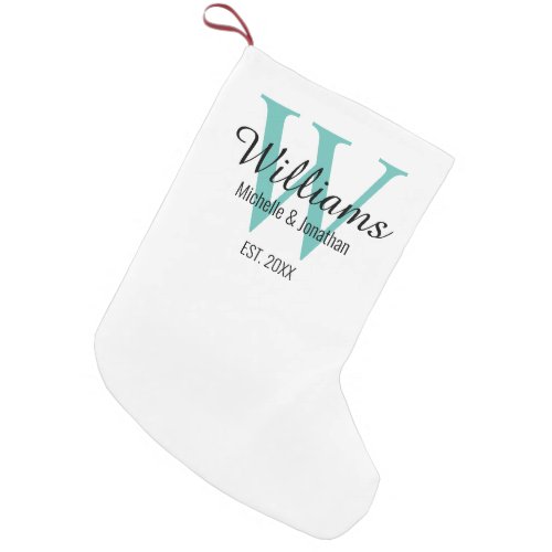 Personalized Monogram Newlywed Teal Green Small Christmas Stocking