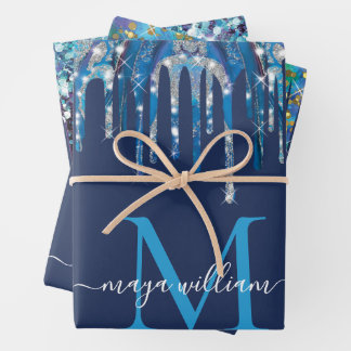 Personalized Monogram Novy Blue Glitter Drips  Wrapping Paper Sheets