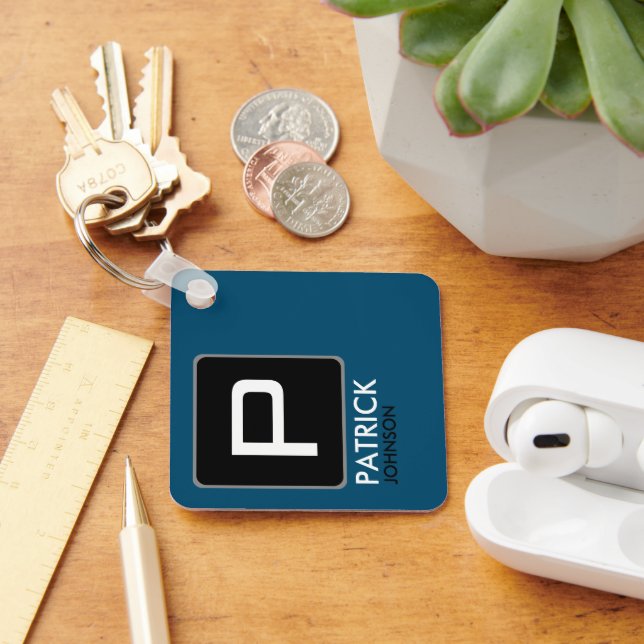 Personalized Monogram on Blue (editable color) Keychain (Desk)