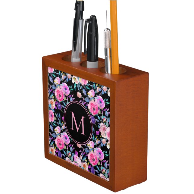 Personalized Monogram on Pink Floral Black Desk Organizer (In Situ)
