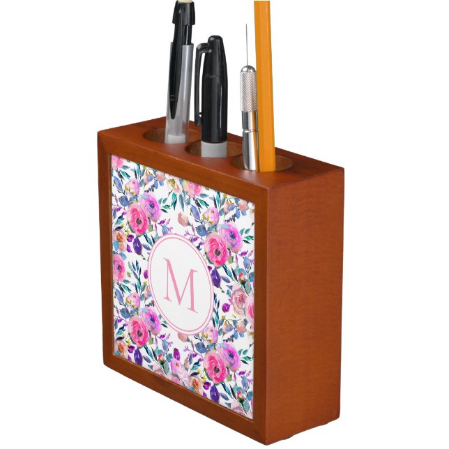 Personalized Monogram on Pink Floral Desk Organizer (In Situ)