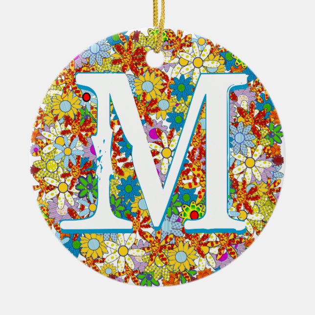 Personalized Monogram or Name Floral Pattern Ceramic Ornament (Front)