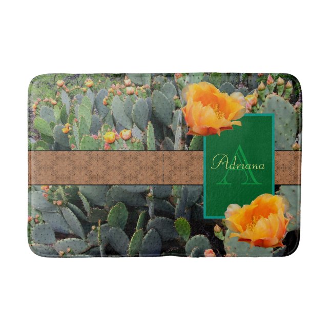 Personalized Monogram Orange Prickly Pear Cactus 2 Bath Mat (Front)
