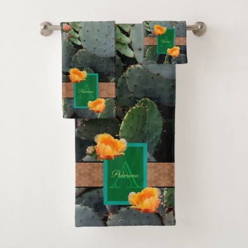 Personalized Monogram Orange Prickly Pear Cactus 2 Bath Towel Set